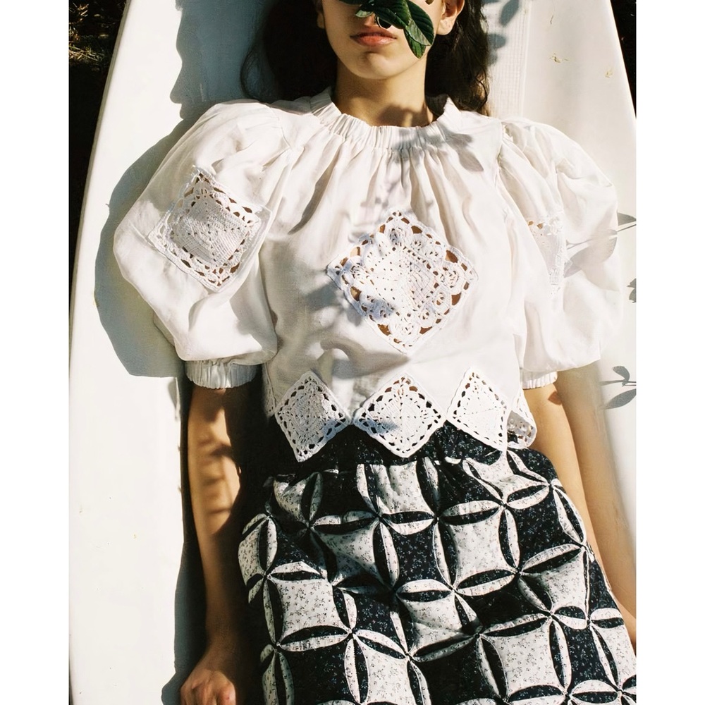 SEA New York White Crochet Linen-Blend Vlada Cut-Out Top